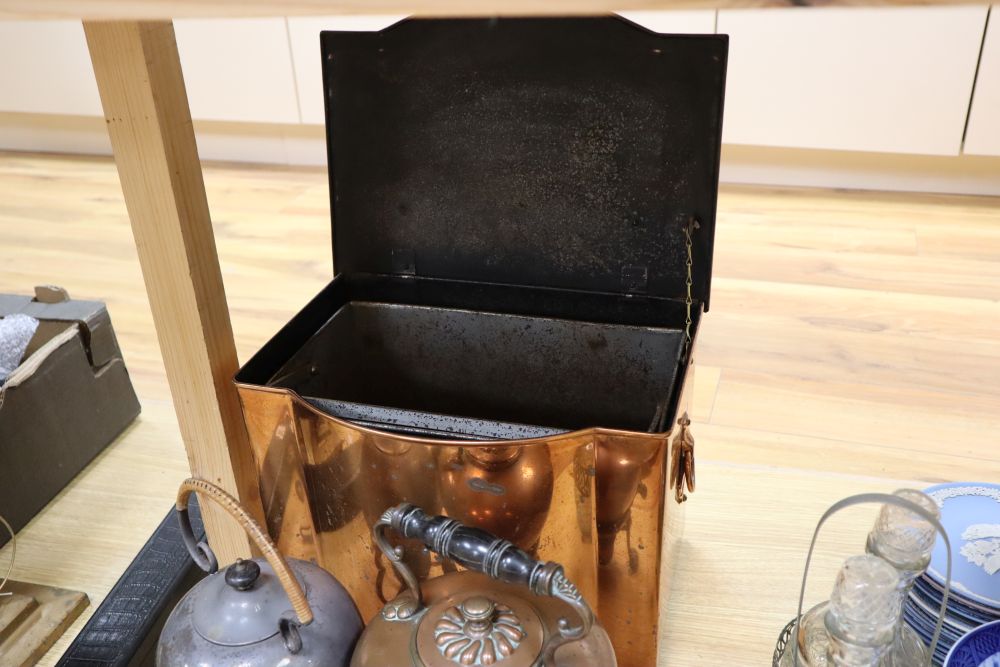 A Christopher Dresser style plated kettle, a copper coal box, a copper kettle and a plated two-bottle decanter stand